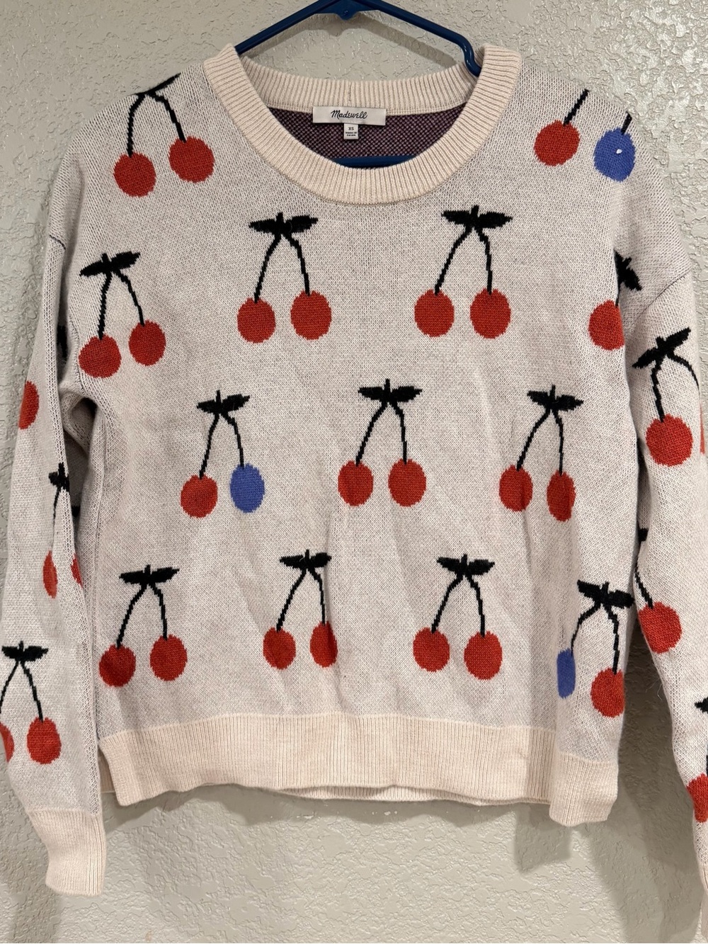 Madewell Cream Sweater with Red & Blue Cherry Motif